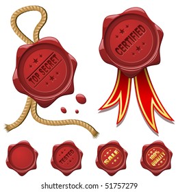 Collection of red wax seals isolated on white.