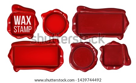 Collection Of Red Wax Stamp Set Copy Space Vector. Different Form Vintage Old Wax Seal For Postal Message Mail Letter Or Original Guarantee Of Sertificate Document. Realistic 3d Illustration