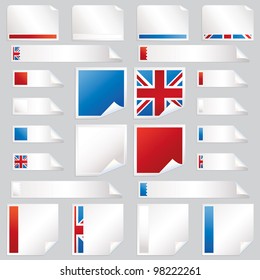 collection of red, white, blue and union jack stickers, squares and tabs