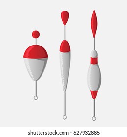 A collection of red and white bobber of different shapes designed for fishing.  Vector illustration, isolated on white background, can be used in newsletter, brochures, postcards, banner.