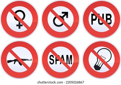 Colección de carteles de prohibición rojos y blancos circulares con el símbolo tachado del macho, la hembra, una bombilla, un arma automática, la redacción spam y la redacción pub (publicidad en francés)