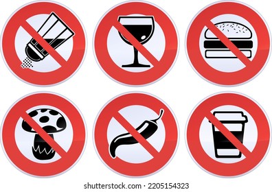 Collection Of Red And White Circular Prohibition Signs With The Crossed Out Symbol Of A Food Prohibition Such As Salt, Wine, Alcohol, Junk Food, Soda, Sugary Drinks, Spicy Food And Mushrooms