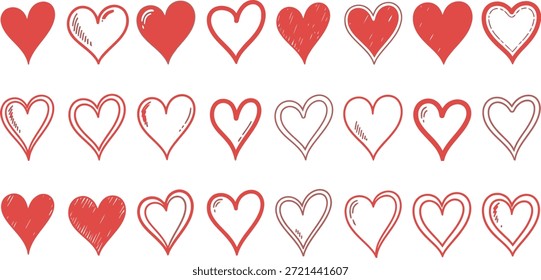 Uma coleção de ilustrações de coração vermelho e branco para o Dia dos Namorados, perfeito para desenhos românticos e decorações.