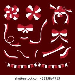 Collection of red and white ribbon sets suitable for additional decoration of gifts, celebrations, etc