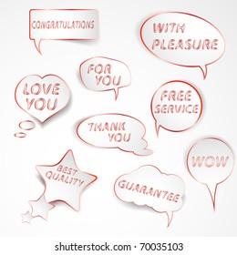 Collection of  red and white speech bubbles with slogans. Easy to edit vector illustration.