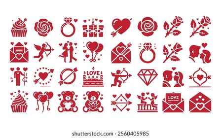 collection of red and white Valentine-themed flat icons including hearts, roses, a diamond ring, couple silhouettes, Cupid's arrow, love letters, kisses, and balloons