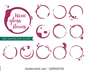 Collection of red wine stain circles. Spilled drops and splashes on white background. Vector illustration isolated