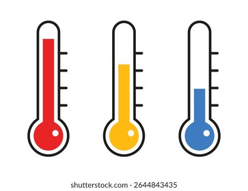 Colección del icono rojo, amarillo y azul de la temperatura en estilo plano aislado en un fondo blanco