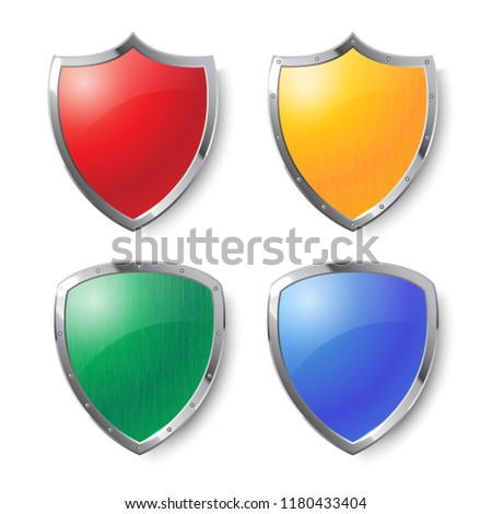 Collection of red, yellow, green and blue shields with silver frames with and without metal texture. Security symbol. Removable texture.