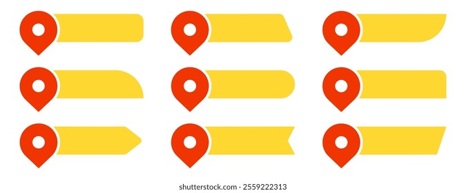 Collection of red and yellow pin text tag icons. Map pin, pointer location with space for text vector set