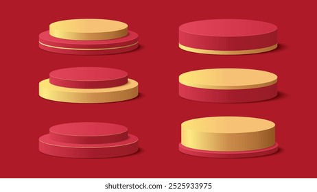 Collection of red and yellow podium platform to show product on white background. Podium for product display presentation. Vector illustration