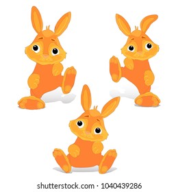 Collection of red-haired rabbit sitting and dancing, cartoon on white background, vector