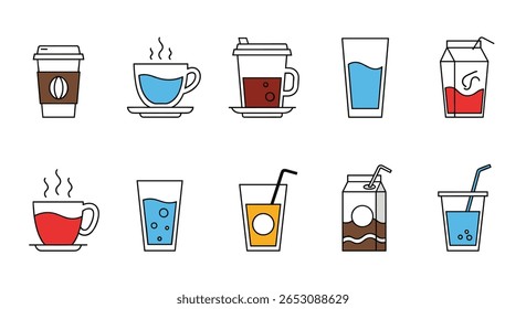 Collection of Refreshing Beverages and Hot Drinks Represented as Simple Icons for Graphic Design Use