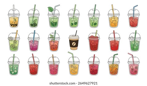 Collection of refreshing drinks with colorful fruit flavors and herbal infusions ideal for summer beverage marketing