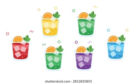 Collection of refreshing summer cocktails in short glasses garnished with orange slices and fresh mint leaves over ice cubes.