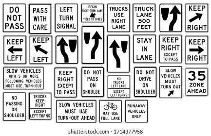 Collection regulation of movement sign for drive safety on highway road. High quality Standard Traffic sign collection vector illustrator on white background. Road signs in the United States.