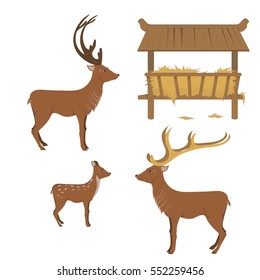 a collection of reindeer, and a manger with hay. isolated on a white background. vector illustration