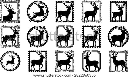 Collection of reindeer silhouettes enclosed in decorative vintage frames and postage stamp borders. Grunge textured black icons for rustic holiday cards and branding. Antique style animal labels for winter seasonal art.