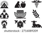 Collection of religious biblical elements silhouettes. Includes all seeing eye, eve with apple, caduceus, moses with tablets, noah