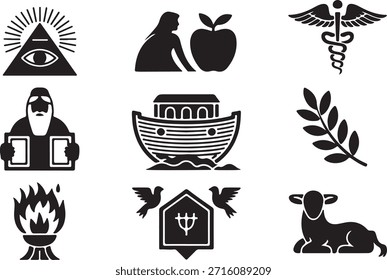 Colección de siluetas de Elementos bíblicos. Incluye todos los ojos que ven, incluso con manzana, caduceo, moisés con tabletas, el arca de Noé, rama de olivo, arbusto ardiente, paloma y cordero. Estos símbolos, figuras e historias religiosas son Elementos fundamentales de las narrativas bíblicas, y tienen un profundo significado cultural, histórico y religioso. Se puede utilizar en varios diseños como logotipos, decoraciones, patrones, impresiones y fondos.