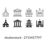 Collection of religious building icons featuring church, mosque, pagoda, and greek temple styles. Available in both line art and solid silhouette vector formats.