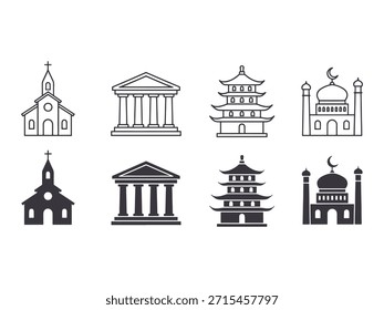 Coleção de ícones de edifícios religiosos com estilos de igreja, mesquita, pagode e templo grego. Disponível em formatos de vetor de silhueta sólida e arte de linha.
