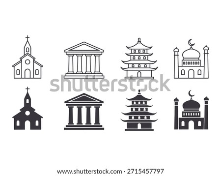 Collection of religious building icons featuring church, mosque, pagoda, and greek temple styles. Available in both line art and solid silhouette vector formats.