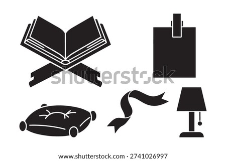 Collection of religious and interior design symbols including koran on rehal cushion paper note and light vector illustration