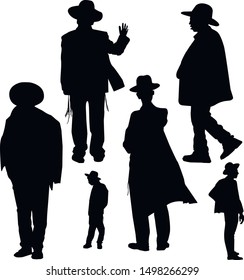 A collection of religious Jews in Jerusalem. Katan and tzitzit are dressed on youths. Jews in a hat. Young Hasidim Jews are dressed in traditional clothes. Isolated vector illustration Black on white.