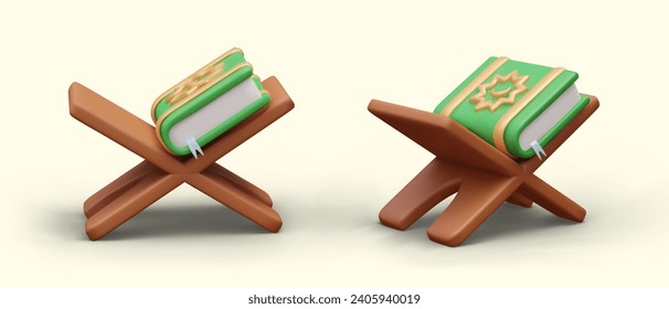 Collection of religious literature on wooden stage in different positions. Collection with Quran in green cover. Vector illustration in 3d style with warm background