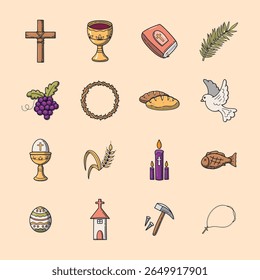 Collection of religious symbols commonly associated with Christianity, including a cross, chalice, bible, grapes, crown of thorns, bread, dove, wheat, candle, fish, easter egg,