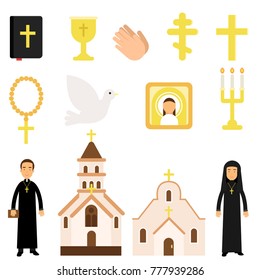 Collection of religious symbols and objects in flat style. Bible, icon, crosses, candles, dove, church attendants, temples. Cartoon vector illustration