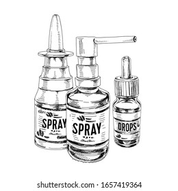 Collection of remedies for sore throat and nasal therapy, retro hand drawn vector illustration. Composition of medical bottles, vintage sketch style on a white background.