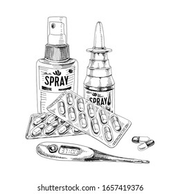 Collection of remedies for sore throat and nasal therapy, hand drawn retro vector illustration. Spray bottle, thermometer and pills in blister packs, vintage sketch isolated on white background.
