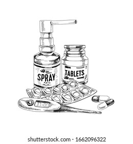 Collection of remedy for sore throat, hand drawn retro vector illustration. Medical spray, thermometer and pills blister package, vintage-style sketch isolated on white background.