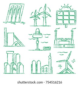 Collection of renewable energy hand drawn style icons. Different types of ecological electricity sources symbols.