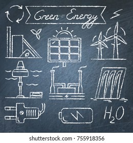 Collection of renewable energy hand drawn style icons. Different types of ecological electricity sources symbols.