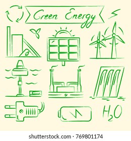 Collection of renewable energy hand drawn style icons. Different types of ecological electricity sources symbols.