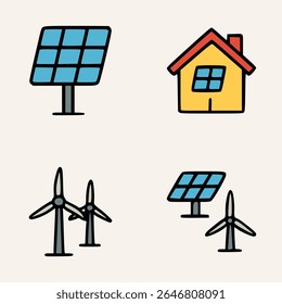 Collection of renewable energy icons with solar panels, wind turbines, and a house powered by clean electricity