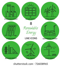 Collection of renewable energy icons in thin line style. Different types of ecological electricity sources in linear symbols.