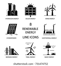 Collection of renewable energy silhouette icons. Different types of ecological electricity sources in flat style symbols.