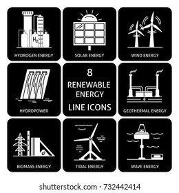 Collection of renewable energy silhouette icons. Different types of ecological electricity sources in square flat style symbols.