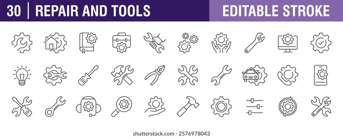 Collection of repair and tool icons. Renovation, service, maintenance. Vector design template, signs, symbols, editable stroke.