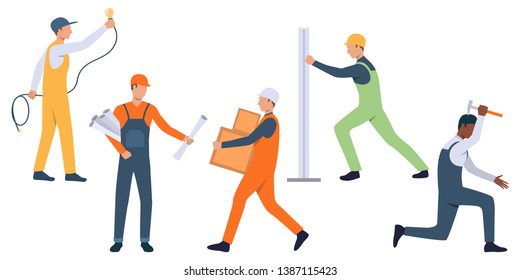 Collection of repairmen working at construction site. Vector illustration of male workers performing different cases. Can be used for presentation, construction, renovation