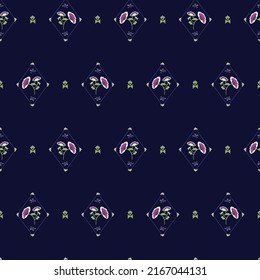 A collection of repeat patterns with flowers, leaves, circles and dots. 