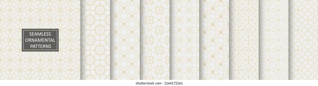 Collection of repeatable ornamental vector luxury patterns. Elegant white geometric oriental seamless backgrounds, symmetric textures.