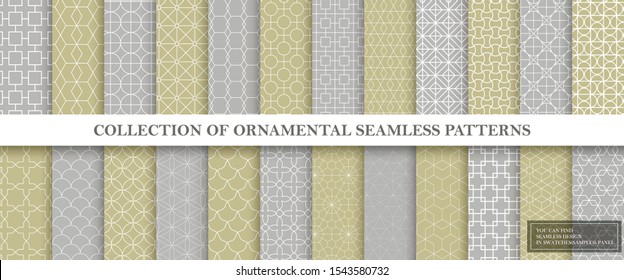 Collection of repeatable ornamental vector patterns in retro style. Grid geometric oriental backgrounds. You can find seamless design in swatches panel.