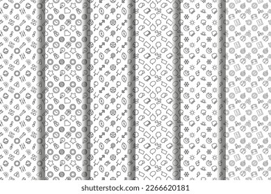 Collection of repeating seamless patterns of repair, symbols, sport, speech bubbles, weather, programming for printing on various surfaces such as postcards, placards, fabric, papers, dishes etc 
