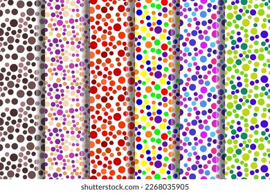 Collection of repeating seamless patterns of vivid brown, purple, red, green, multicolored bubbles for printing on various surfaces such as postcards, placards, fabric, papers, dishes etc 