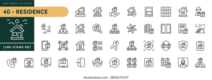 A collection of Residence icons set with editable stroke, including location, real estate, home, housing, building, property, neighborhood, address. Thin linear vector illustration
